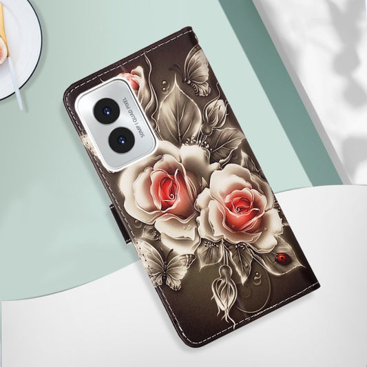 For Motorola Moto G Play 4G 2024 Colored Drawing Pattern Plain Weave Leather Phone Case(Roses On Black) by buy2fix