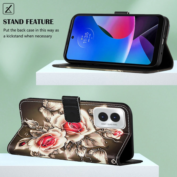 For Motorola Moto G Play 4G 2024 Colored Drawing Pattern Plain Weave Leather Phone Case(Roses On Black) by buy2fix
