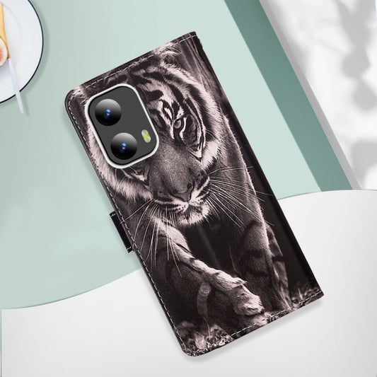 For Motorola Moto G Play 5G 2024 Colored Drawing Pattern Plain Weave Leather Phone Case(Black And White Tiger) by buy2fix