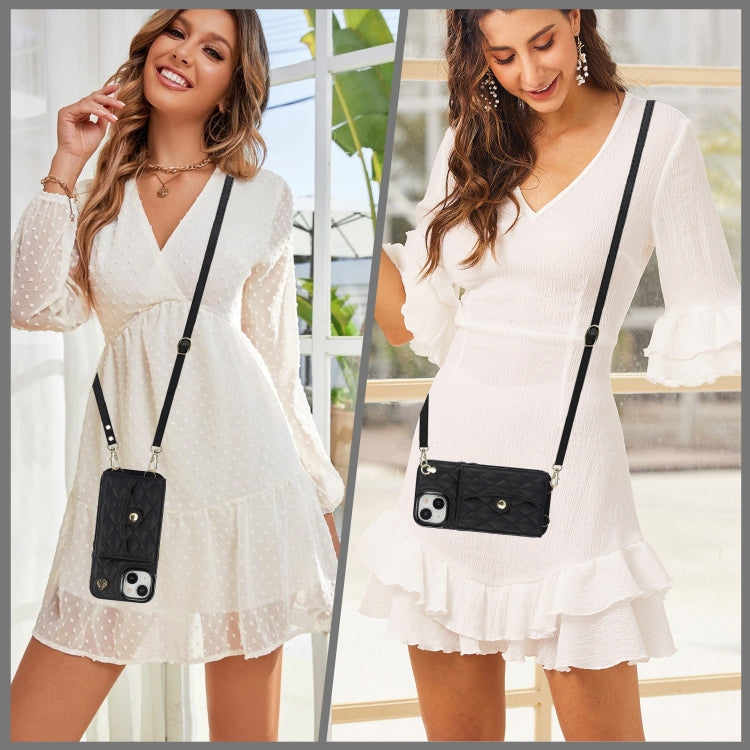 For iPhone 15 Crossbody Rhombic Horizontal Wallet Leather Phone Case(Black) - iPhone 15 Cases by buy2fix | Online Shopping UK | buy2fix