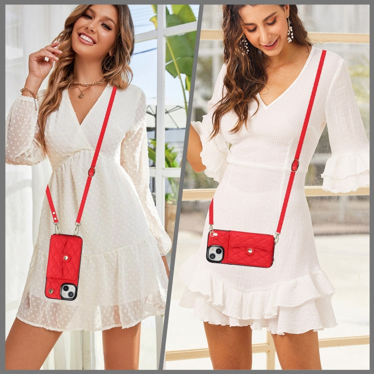 For iPhone 14 Plus Crossbody Rhombic Horizontal Wallet Leather Phone Case(Red) - iPhone 14 Plus Cases by buy2fix | Online Shopping UK | buy2fix