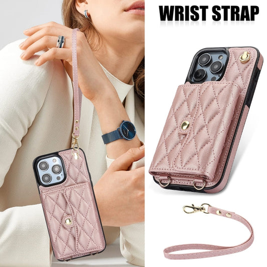 For iPhone 14 Pro Crossbody Rhombic Horizontal Wallet Leather Phone Case(Rose Gold) - iPhone 14 Pro Cases by buy2fix | Online Shopping UK | buy2fix