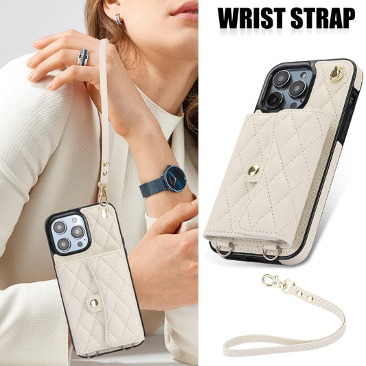 For iPhone 13 Pro Max Crossbody Rhombic Horizontal Wallet Leather Phone Case(White) - iPhone 13 Pro Max Cases by buy2fix | Online Shopping UK | buy2fix