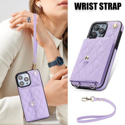 For iPhone 13 Pro Max Crossbody Rhombic Horizontal Wallet Leather Phone Case(Purple) - iPhone 13 Pro Max Cases by buy2fix | Online Shopping UK | buy2fix