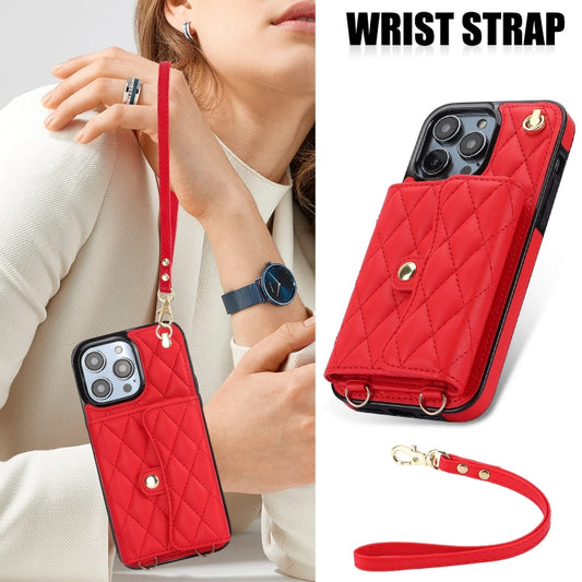 For iPhone 13 Pro Crossbody Rhombic Horizontal Wallet Leather Phone Case(Red) - iPhone 13 Pro Cases by buy2fix | Online Shopping UK | buy2fix