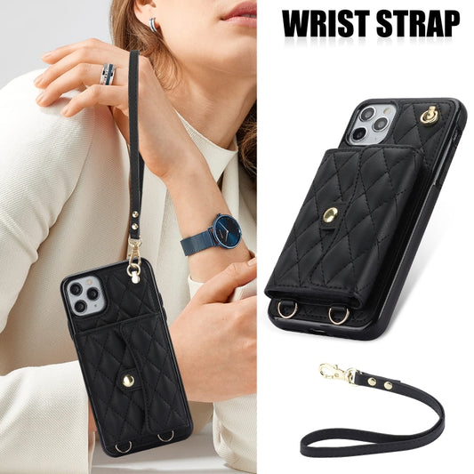 For iPhone 12 Pro Max Crossbody Rhombic Horizontal Wallet Leather Phone Case(Black) - iPhone 12 Pro Max Cases by buy2fix | Online Shopping UK | buy2fix