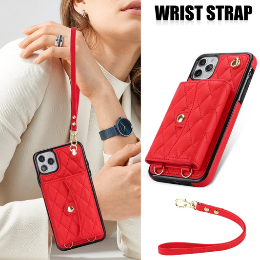 For iPhone 12 Pro Max Crossbody Rhombic Horizontal Wallet Leather Phone Case(Red) - iPhone 12 Pro Max Cases by buy2fix | Online Shopping UK | buy2fix