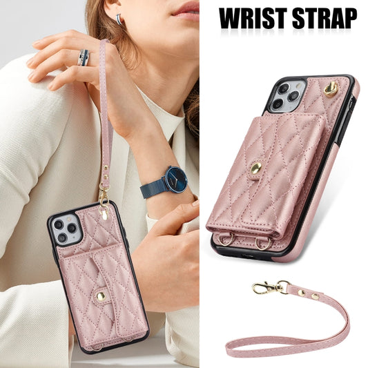 For iPhone 12 Pro Max Crossbody Rhombic Horizontal Wallet Leather Phone Case(Rose Gold) - iPhone 12 Pro Max Cases by buy2fix | Online Shopping UK | buy2fix