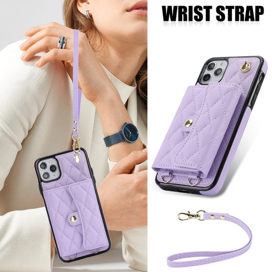 For iPhone 12 / 12 Pro Crossbody Rhombic Horizontal Wallet Leather Phone Case(Purple) - iPhone 12 / 12 Pro Cases by buy2fix | Online Shopping UK | buy2fix