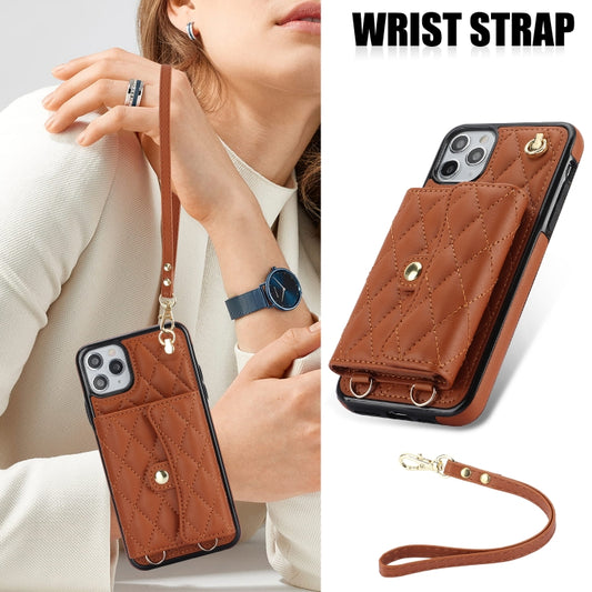 For iPhone 12 / 12 Pro Crossbody Rhombic Horizontal Wallet Leather Phone Case(Brown) - iPhone 12 / 12 Pro Cases by buy2fix | Online Shopping UK | buy2fix