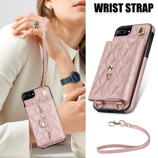 For iPhone 8 Plus / 7 Plus Crossbody Rhombic Horizontal Wallet Leather Phone Case(Rose Gold) - More iPhone Cases by buy2fix | Online Shopping UK | buy2fix