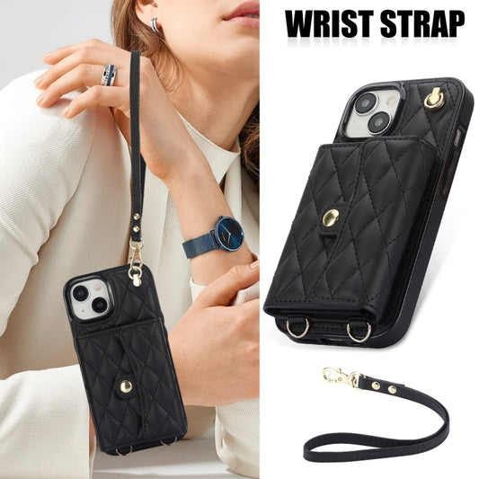 For iPhone 13 mini Crossbody Rhombic Horizontal Wallet Leather Phone Case(Black) - iPhone 13 mini Cases by buy2fix | Online Shopping UK | buy2fix