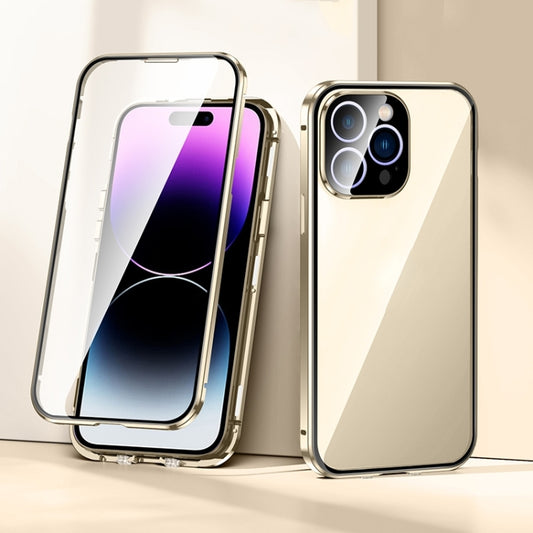 For iPhone 15 Pro Magnetic Double-buckle HD Tempered Glass Phone Case(Gold) - iPhone 15 Pro Cases by buy2fix | Online Shopping UK | buy2fix