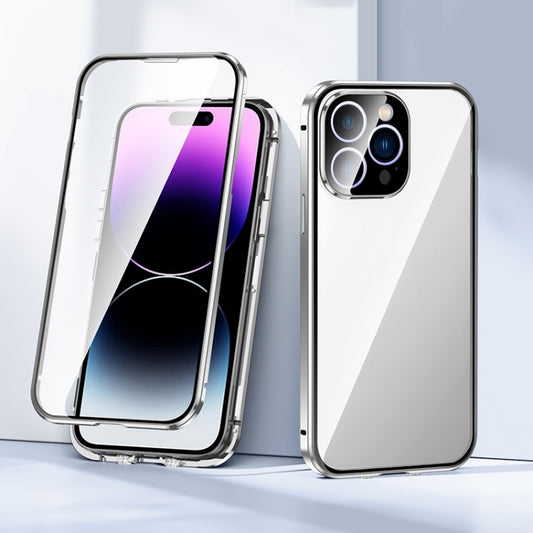 For iPhone 15 Magnetic Double-buckle HD Tempered Glass Phone Case(Silver) - iPhone 15 Cases by buy2fix | Online Shopping UK | buy2fix