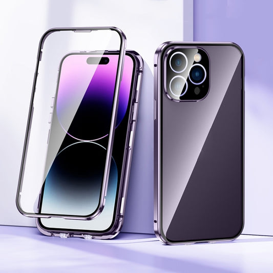 For iPhone 15 Magnetic Double-buckle HD Tempered Glass Phone Case(Purple) - iPhone 15 Cases by buy2fix | Online Shopping UK | buy2fix