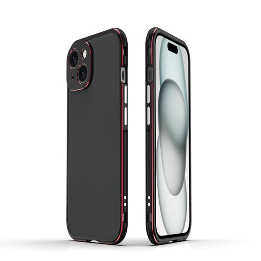 For iPhone 15 Aurora Series Lens Protector + Metal Frame Phone Case(Black Red) - iPhone 15 Cases by buy2fix | Online Shopping UK | buy2fix