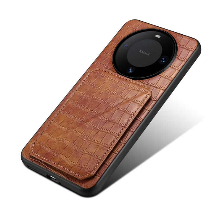 For Huawei Mate 60 Denior Crocodile Texture Holder Electroplating Phone Case(Brown) - Huawei Cases by Denior | Online Shopping UK | buy2fix