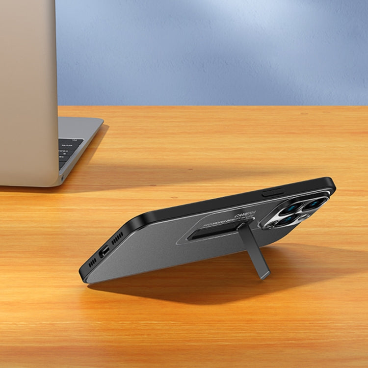 For iPhone 16 Frosted Metal Hybrid TPU Holder Phone Case(Black) by buy2fix