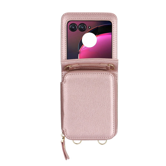 For Motorola Razr 40 Ultra Long and Short Lanyard Zipper Card Slot Foldable Phone Case(Pink) by buy2fix