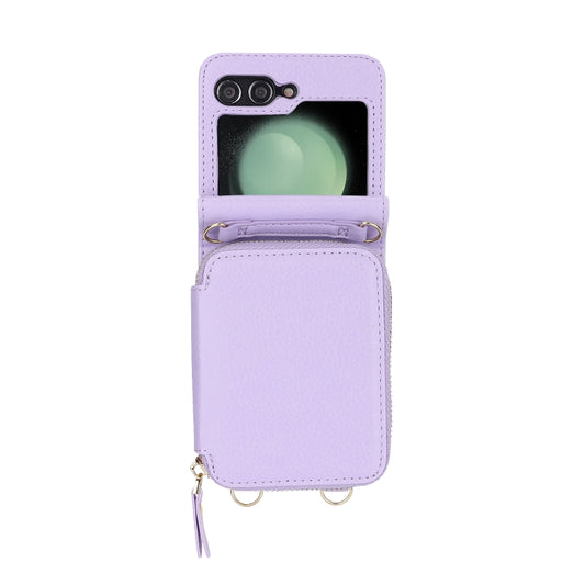 For Samsung Galaxy Z Flip5 Long and Short Lanyard Zipper Card Slot Foldable Phone Case(Purple) - Galaxy Z Flip5 Cases by buy2fix | Online Shopping UK | buy2fix