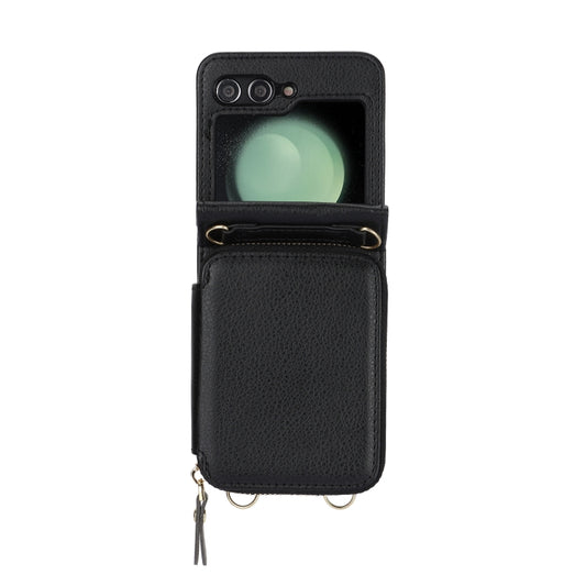 For Samsung Galaxy Z Flip5 Long and Short Lanyard Zipper Card Slot Foldable Phone Case(Black) - Galaxy Z Flip5 Cases by buy2fix | Online Shopping UK | buy2fix