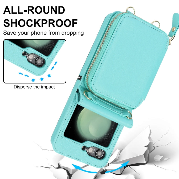 For Samsung Galaxy Z Flip6 / Flip7 FE Long and Short Lanyard Zipper Card Slot Foldable Phone Case(Mint Green) - Galaxy Z Flip6 5G Cases by buy2fix | Online Shopping UK | buy2fix