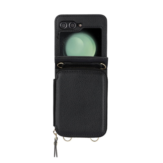 For Samsung Galaxy Z Flip6 Long and Short Lanyard Zipper Card Slot Foldable Phone Case(Black) - Galaxy Z Flip6 5G Cases by buy2fix | Online Shopping UK | buy2fix