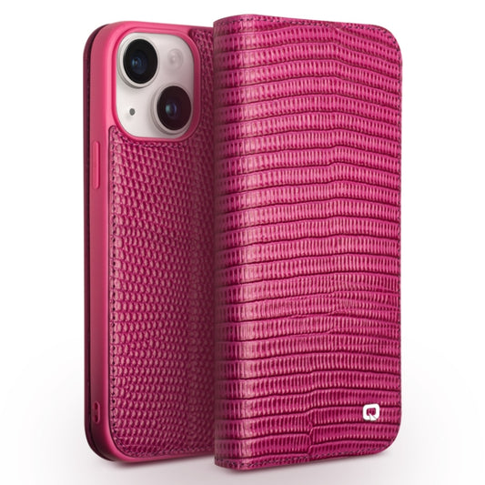 For iPhone 15 QIALINO Little Crocodile Texture Genuine Leather Phone Case(Rose Red) - iPhone 15 Cases by QIALINO | Online Shopping UK | buy2fix