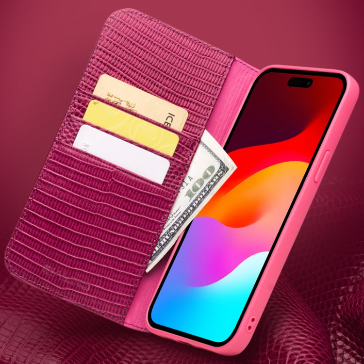 For iPhone 15 Plus QIALINO Little Crocodile Texture Genuine Leather Phone Case(Rose Red) by QIALINO