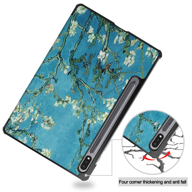 For Samsung Galaxy Tab S7 T870 Colored Drawing Pattern Horizontal Flip Leather Case with Three-folding Holder & Sleep / Wake-up Function(Apricot Blossom) by buy2fix