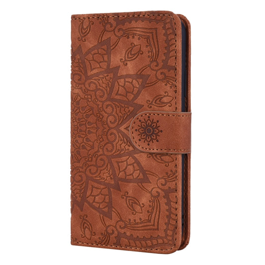 For iPhone 16 Plus Mandala Embossed Dual-Fold Calf Leather Phone Case(Brown) by buy2fix