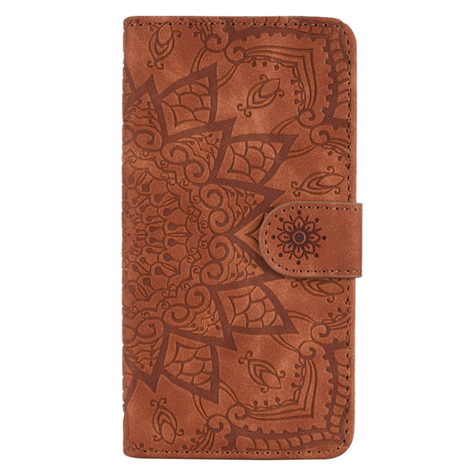 For iPhone 16 Mandala Embossed Dual-Fold Calf Leather Phone Case(Brown) by buy2fix