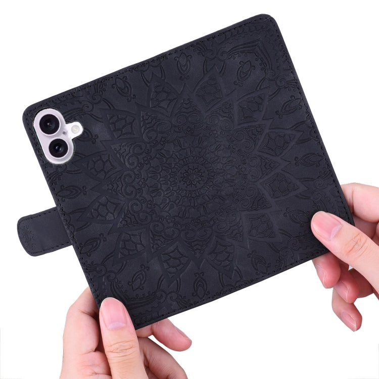 For iPhone 16 Mandala Embossed Dual-Fold Calf Leather Phone Case(Black) by buy2fix