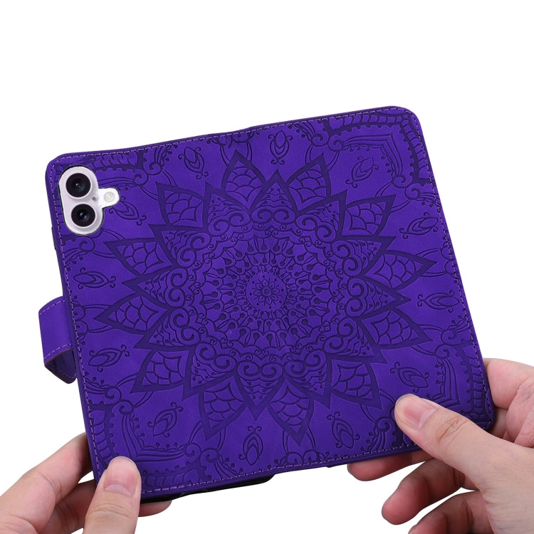 For iPhone 16 Mandala Embossed Dual-Fold Calf Leather Phone Case(Purple) by buy2fix