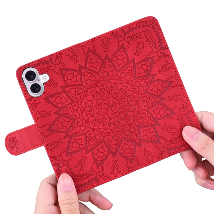 For iPhone 16 Mandala Embossed Dual-Fold Calf Leather Phone Case(Red) by buy2fix