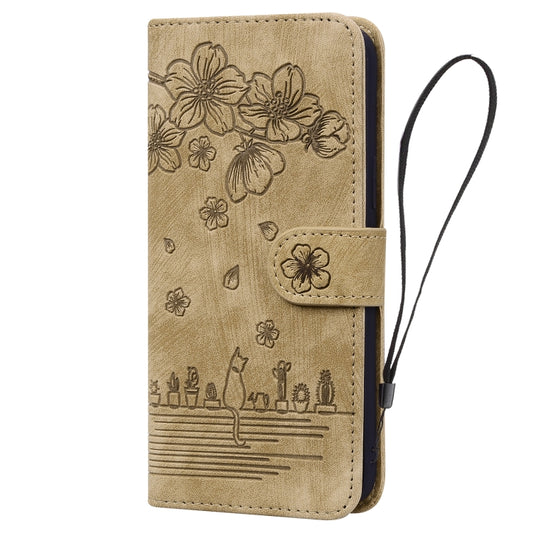For iPhone 16 Pro Max Cartoon Sakura Cat Embossed Leather Phone Case(Brown) by buy2fix