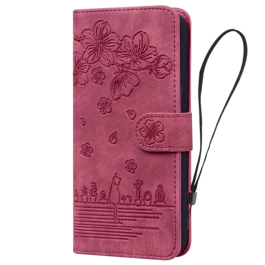 For iPhone 16 Pro Max Cartoon Sakura Cat Embossed Leather Phone Case(Wine Red) by buy2fix