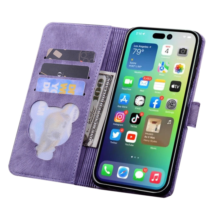 For iPhone 16 Pro Cartoon Sakura Cat Embossed Leather Phone Case(Purple) by buy2fix