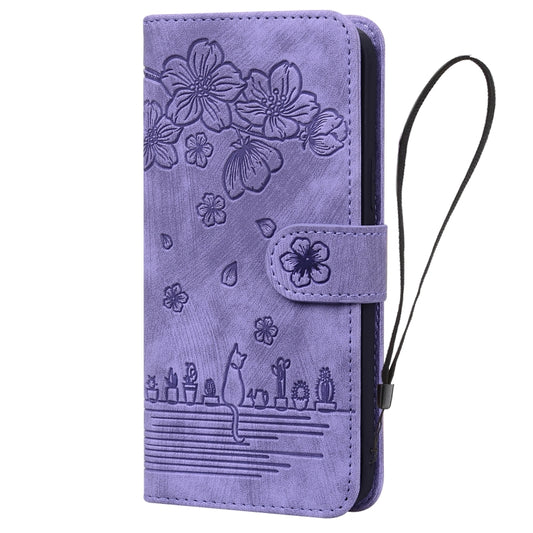 For iPhone 16 Plus Cartoon Sakura Cat Embossed Leather Phone Case(Purple) by buy2fix