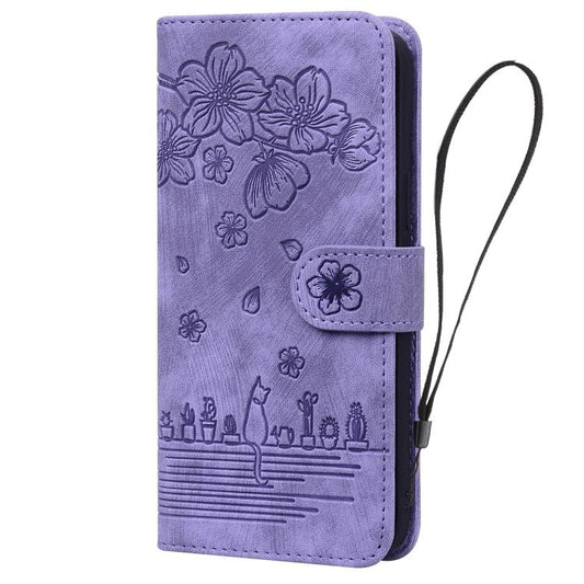For iPhone Air Cartoon Sakura Cat Embossed Leather Phone Case(Purple) - iPhone Air Cases by buy2fix | Online Shopping UK | buy2fix