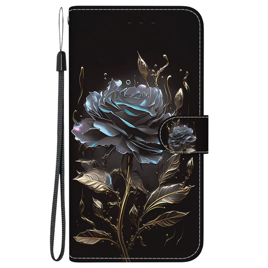 For iPhone 16e Crystal Texture Colored Drawing Leather Phone Case(Black Rose) by buy2fix