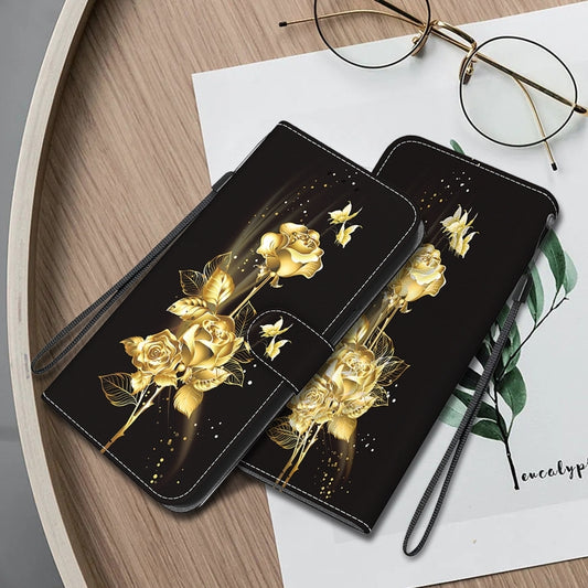 For iPhone 16 Plus Crystal Texture Colored Drawing Leather Phone Case(Gold Butterfly Rose) by buy2fix