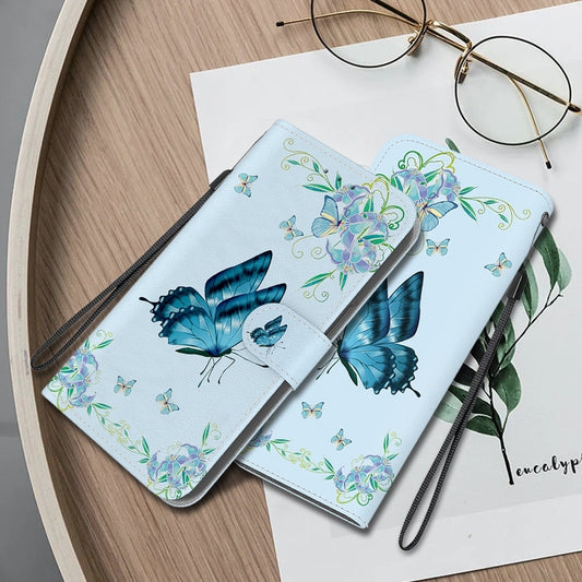 For iPhone 16 Plus Crystal Texture Colored Drawing Leather Phone Case(Blue Pansies) by buy2fix