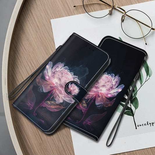 For iPhone 16 Pro Max Crystal Texture Colored Drawing Leather Phone Case(Purple Peony) by buy2fix