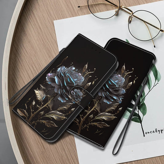 For iPhone 16 Pro Max Crystal Texture Colored Drawing Leather Phone Case(Black Rose) by buy2fix