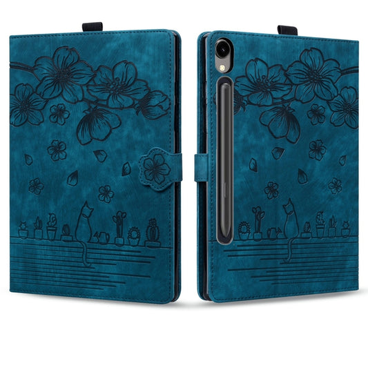 For Samsung Galaxy Tab S9 FE Cartoon Sakura Cat Embossed Leather Tablet Case(Blue) by buy2fix