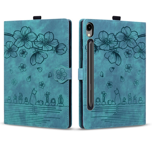 For Samsung Galaxy Tab S9 FE+ Cartoon Sakura Cat Embossed Leather Tablet Case(Green) by buy2fix