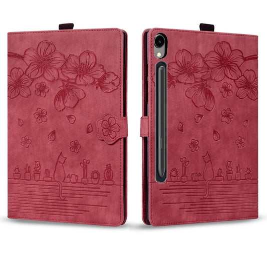 For Samsung Galaxy Tab S9 FE+ Cartoon Sakura Cat Embossed Leather Tablet Case(Red) by buy2fix