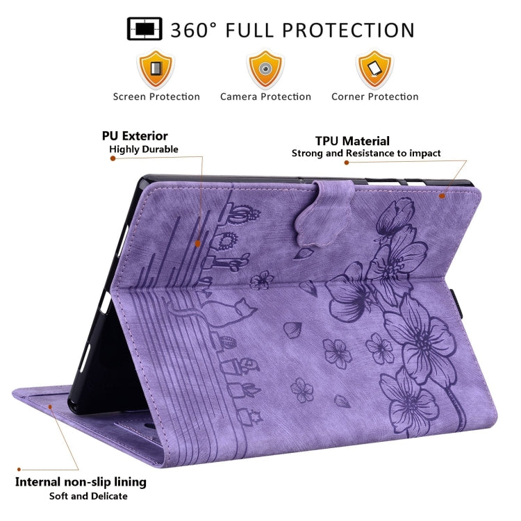 For Samsung Galaxy Tab S9 FE+ Cartoon Sakura Cat Embossed Leather Tablet Case(Purple) by buy2fix