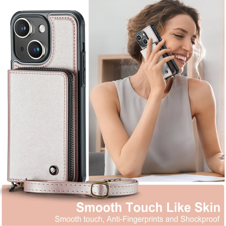 For iPhone 15 Plus JEEHOOD C22 Series Zipper Wallet Leather Phone Case with Dual Lanyard(Rose Gold) - iPhone 15 Plus Cases by JEEHOOD | Online Shopping UK | buy2fix
